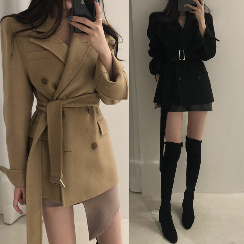 Korean goddess Fan plus cotton thickened lace thin autumn and winter double-breasted small suit collar woolen coat ladies