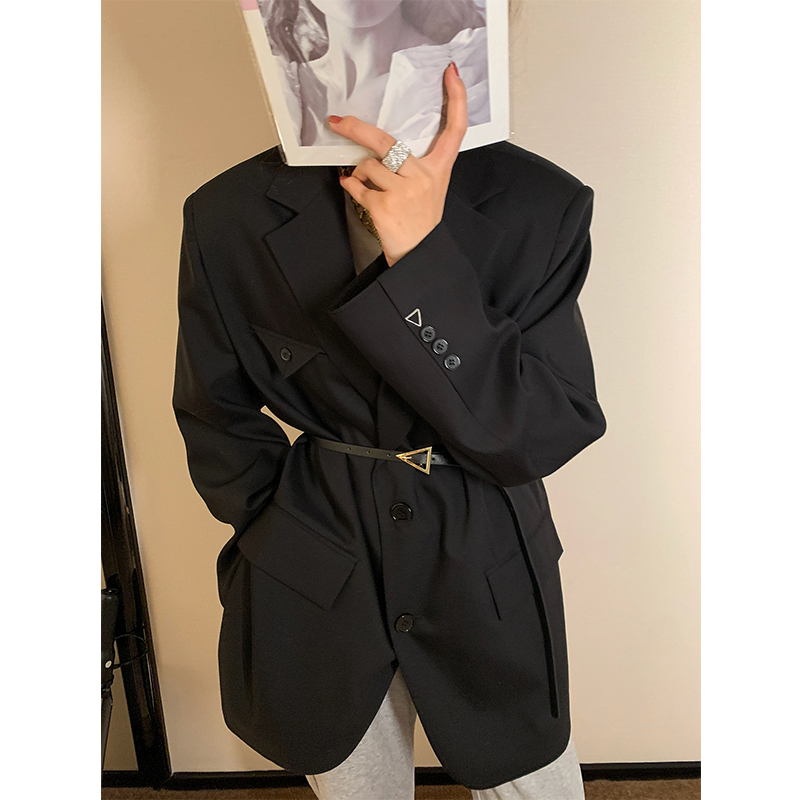 Early Fall Black Suit Jacket Woman Spring Autumn Korea Loose Outline Temperament Little Crowd Casual Mid Western Suit Tide