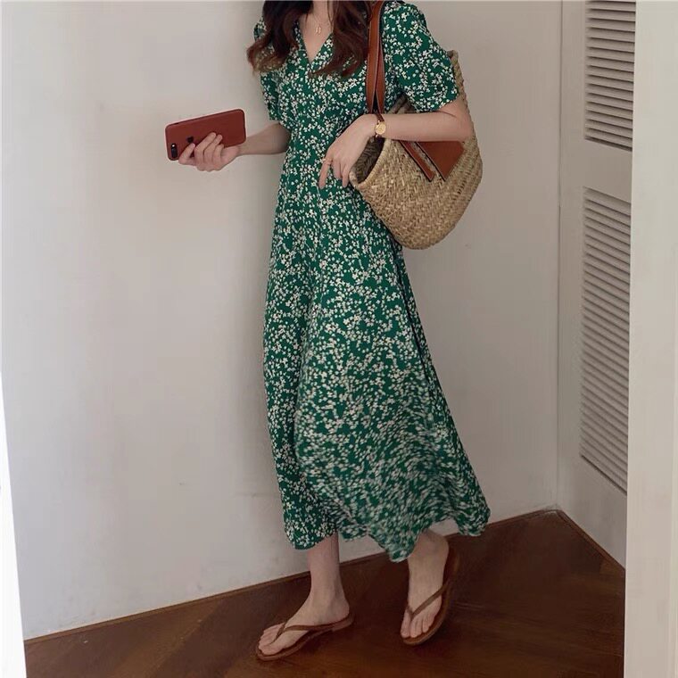 French Style Green Shattering Ocean Dress Summer Bubble Cuff V Collar Retro Temperament Long Version Advanced Sensational Snowspun Long Skirt