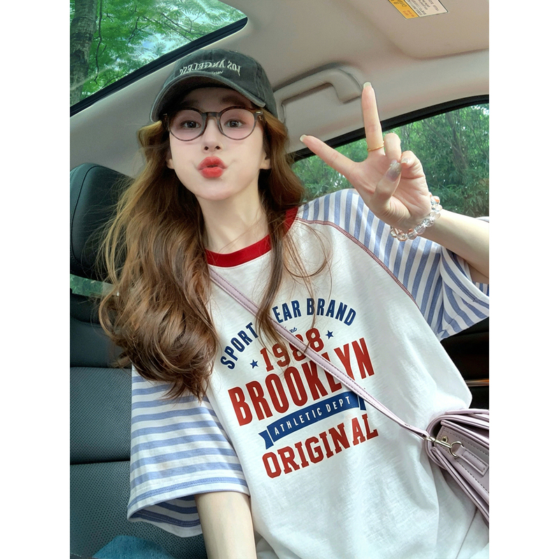 Striped Color-Block Raglan Short-Sleeve T-Shirt for Women 2026 New Summer American Letter Print College Style Loose Slimming Top Striped Color-Block Raglan Short-Sleeve T-Shirt for Women 2026 New Summer American Letter Print College Style Loose Slimming Top