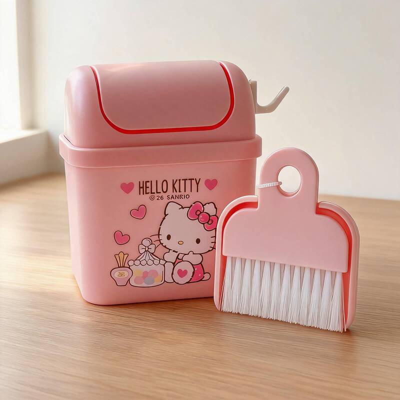 Desktop Trash Can Sanrio Genuine Product with Lid Storage Box Cute Household Kitty Mini Broom Wastebasket Set Desktop Trash Can Sanrio Genuine Product with Lid Storage Box Cute Household Kitty Mini Broom Wastebasket Set
