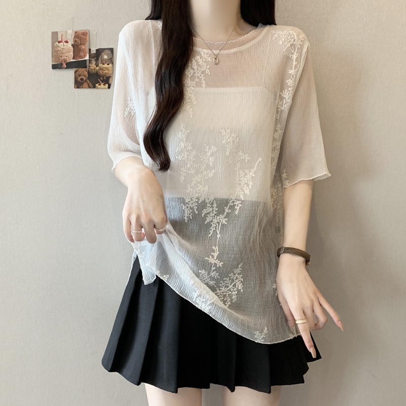 Lace Jacquard Embroidered Mesh Blouse Top for Women Summer Plus Size Fat Girl Design Round Neck Thin Sun Protection Clothing