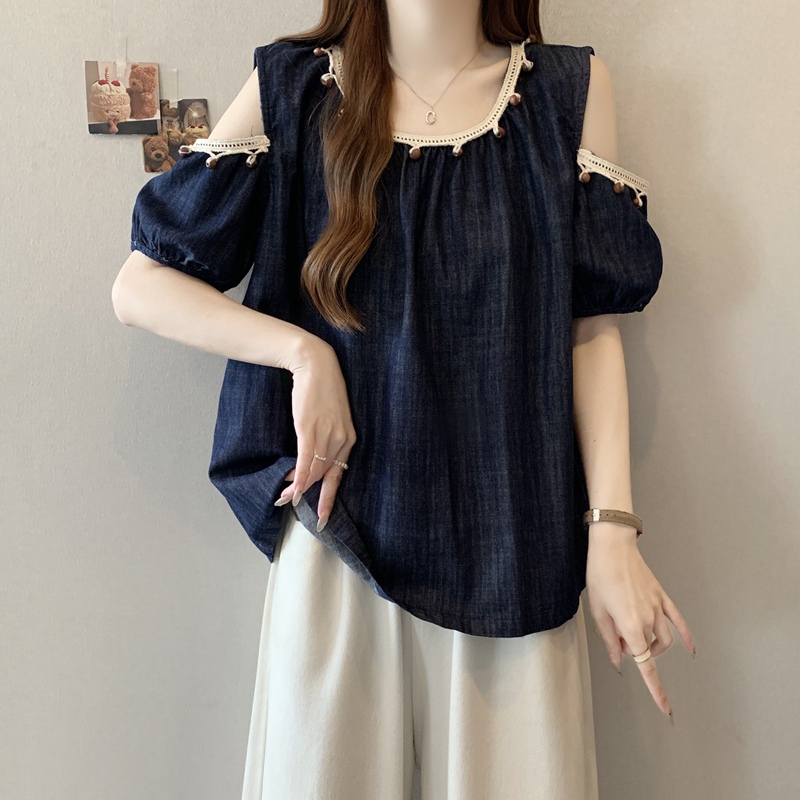 Lace-Trimmed Round-Neck Denim Off-Shoulder Short-Sleeve T-Shirt for Women, Summer Plus-Size Women's Clothing, Loose Top for Fat Women to Cover the Belly