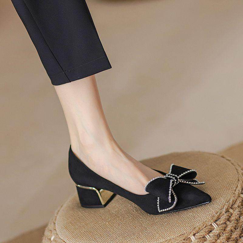 High Heel Shoes Woman 2023 Autumn New Water Drill Coarse heel Shoes Temperament Small Scent Wind Pointed Professional Ocean Work Shoes-Taobao