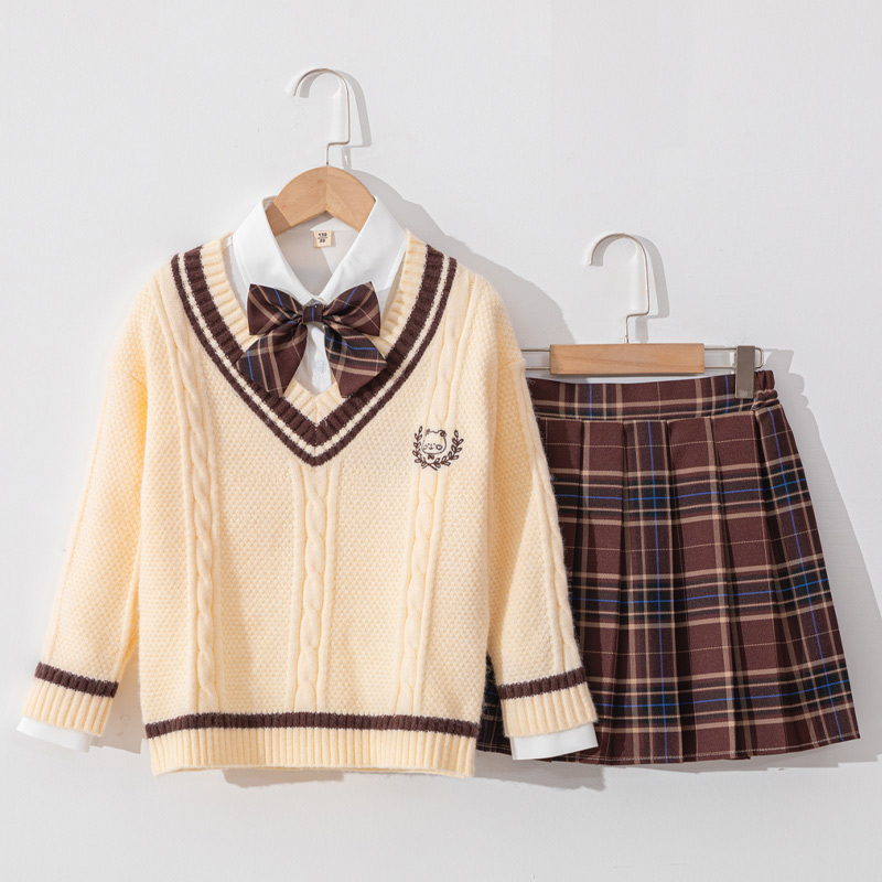 Children JK Uniform Dress Set School Uniform Girls Autumn and Winter Sweater Three Piece School Fengkk