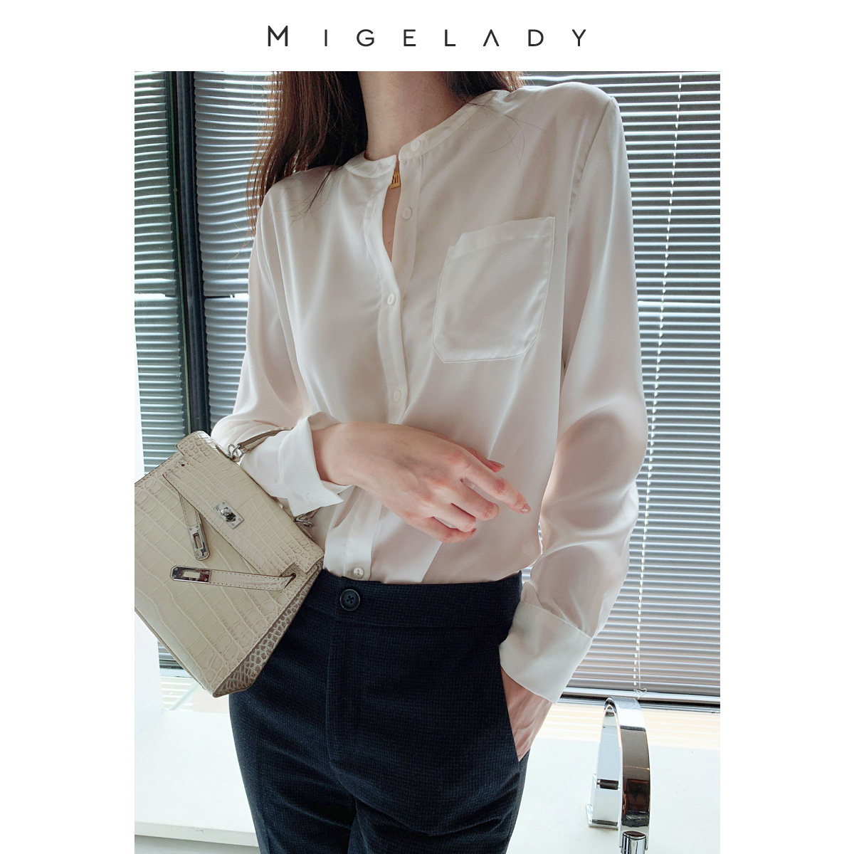 Miger 2021 autumn new French stand-up collar gentle wind shirt women's Korean version of the temperament design sense of autumn tops 32