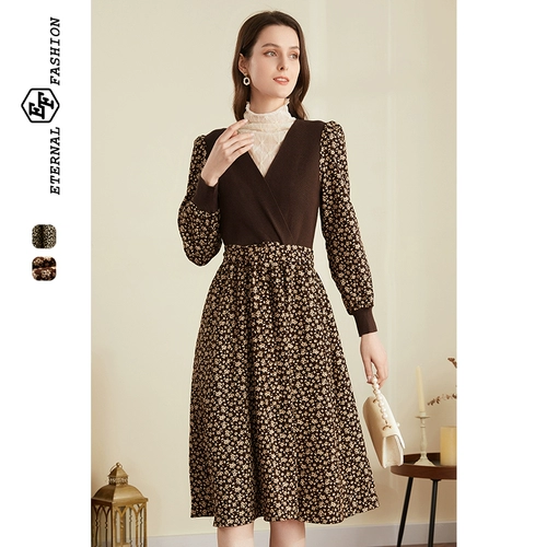 EF Осенний вельветовый корсет, платье, трикотажная юбка, яркий броский стиль, французский стиль, V-образный вырез, цветочный принт