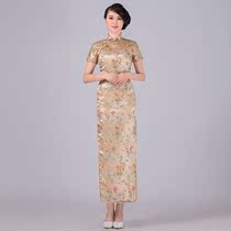 Chinese style traditional brocade satin slant lapel modified Cheongsam Summer ladies welcome etiquette clothing Tang clothing hotel