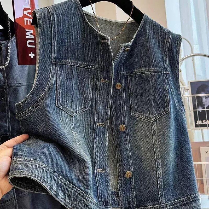 Petite Vintage Washed Denim Vest for Women, Spring and Summer Korean Style Short Sleeveless Vest, Versatile Thin Jacket