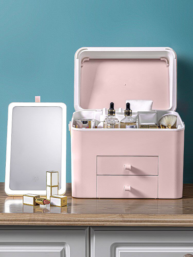 Portable cosmetic storage box with mirror desktop rack lipstick jewelry makeup brush storage cylinder large capacity