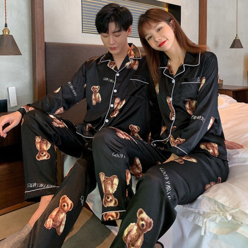 Spring and autumn simulation silk couple pajamas women's two-piece set net red long-sleeved trousers ice silk men's home suit set