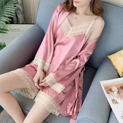 Sexy pajamas female summer ice silk thin lace suspenders can wear Korean Spring and Autumn long sleeve three-piece set