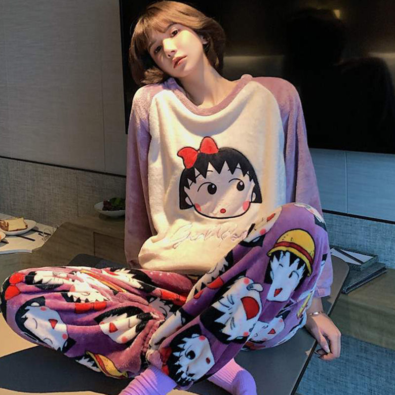 Flannel pajamas women's autumn and winter thickened plus velvet warm loose home service suit coral fleece spring and autumn can be worn outside