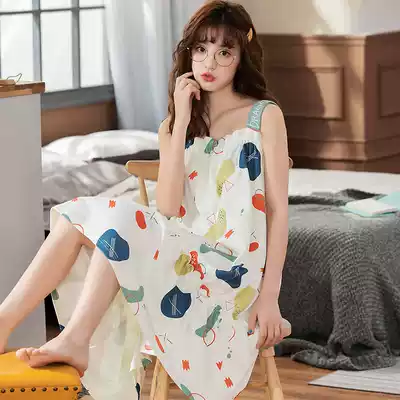 Pajamas women's summer night dress sexy suspenders cute cartoon Korean version of the girl sleeveless vest mid-skirt home clothes thin section