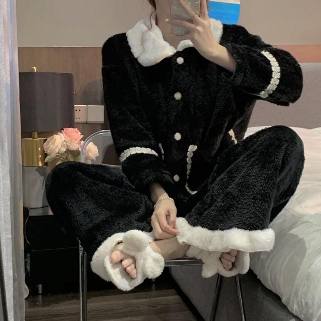 Small fragrant wind warm home Suit Suit Tide Thickening Splicing Coral Fleece Autumn Winter Retro Woolen Suede Sleeping Clothes Two Sets-Taobao