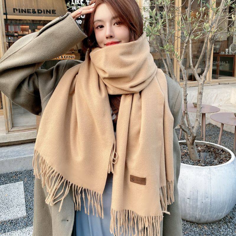 2026 New Korean Style Solid Color Scarf/Shawl, Two-in-One for Women, Thickened and Warm, Faux Cashmere Neck Warmer, Versatile for Students