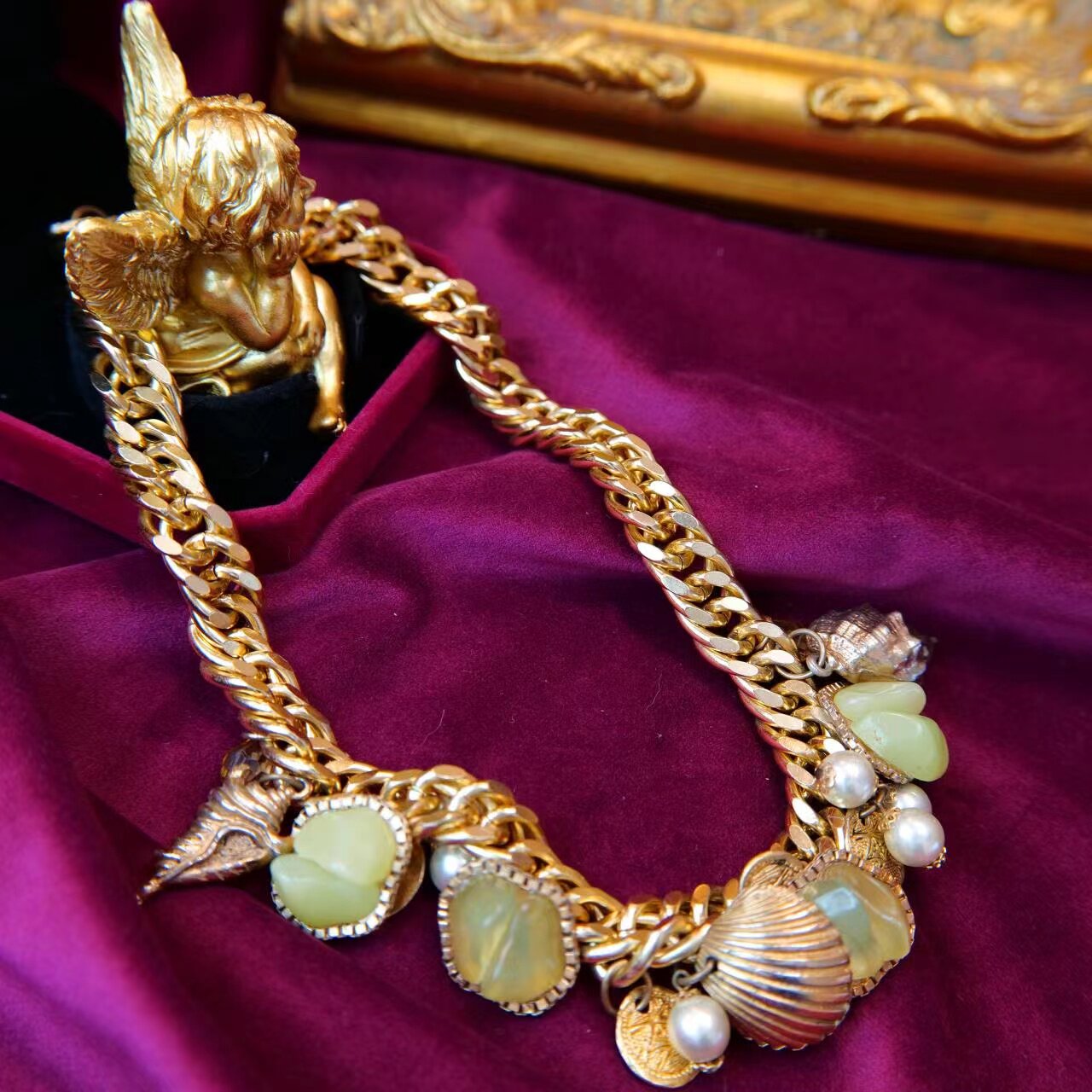 Lombardy Vintage France JDG marking marking marine series jelly green gold color matching rare necklace