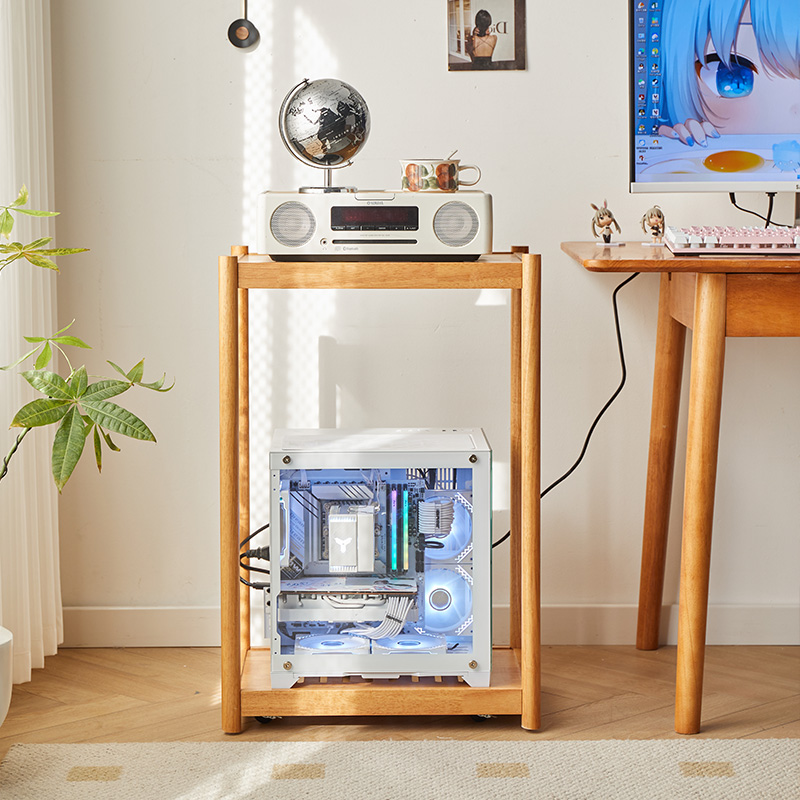 Desktop computer host solid wood bracket double-layer removable brake chassis cooling rack printer storage side table