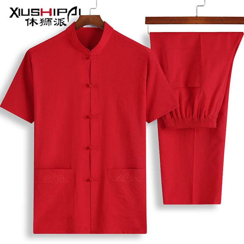 Trung Quốc gió đang lớn Tang ngắn tay áo sơ mi phù hợp với nam giới Tai Chi quần áo mùa hè vỗ béo tăng quần áo dân tộc