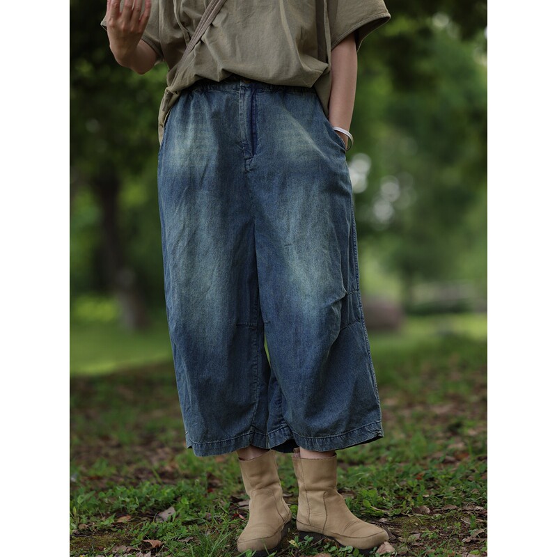 Clothing Journey: Cotton and Linen Summer Denim Capri Pants with Three-Dimensional Tailoring and Semi-Elastic Waist 37646 Clothing Journey: Cotton and Linen Summer Denim Capri Pants with Three-Dimensional Tailoring and Semi-Elastic Waist 37646