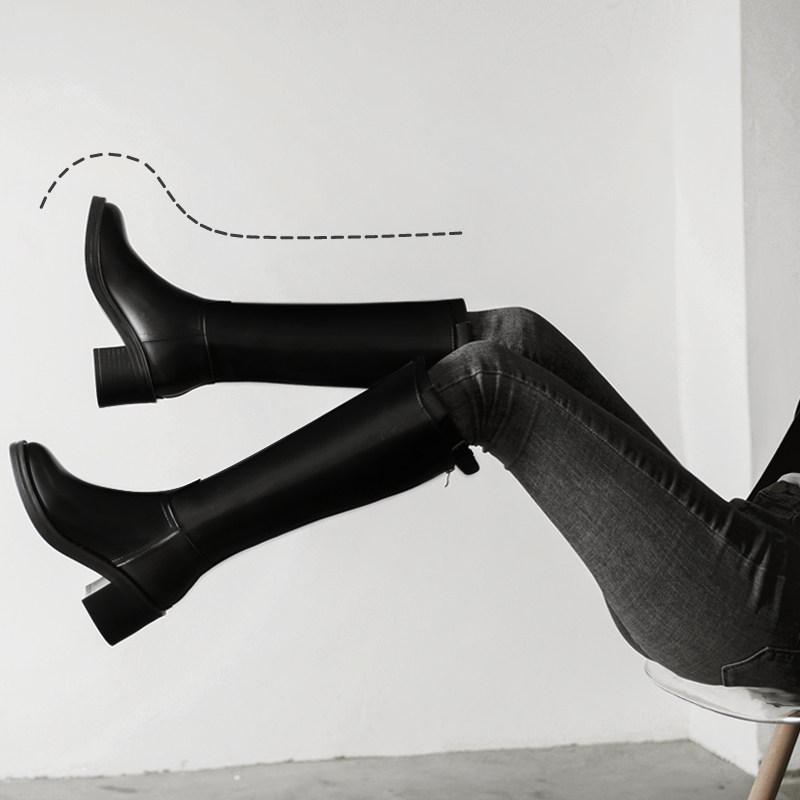 Long cylinder boots woman 2021 autumn winter new gush genuine leather inner heightening heel boots though knee-high cylinder riding boots