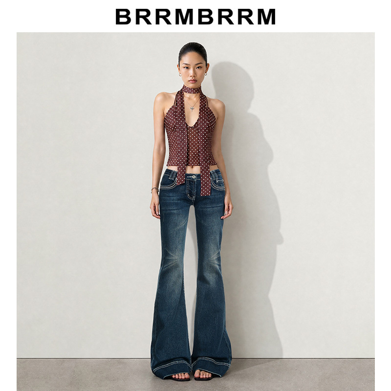 Brrm Yi Mengling Style Low-Waisted Flared Jeans for Women, Summer Petite American Style Slim Fit Bell-Bottom Pants