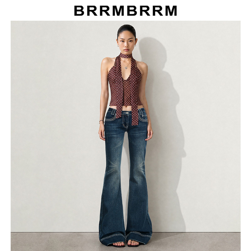 Yi Mengling's Same Style Low-Waisted Flared Jeans for Women, New Spring American Style Slim Fit Stretch Bell-Bottom Pants