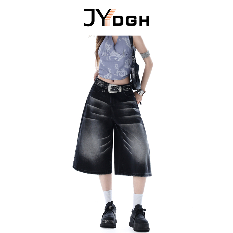 American Retro Black and Gray Cropped Jeans for Women, Summer 2026 New Style, High-Waisted, Washed, Distressed, Loose Wide-Leg Mid-Length Pants