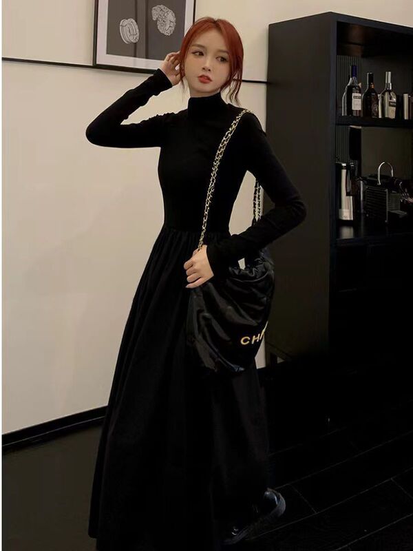 Black Long-Sleeved Dress for Women, New Autumn and Winter Style, French Style, Half-High Collar, Waist-Cinching, Slimming, Long Skirt Black Long-Sleeved Dress for Women, New Autumn and Winter Style, French Style, Half-High Collar, Waist-Cinching, Slimming, Long Skirt