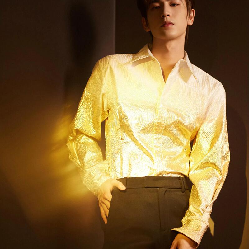 Zhang Linghe's Same Style Twilight Gold Gradient Jacquard Design Slim-Fit Long-Sleeve Shirt with a Unique Design and a Turn-Down Collar