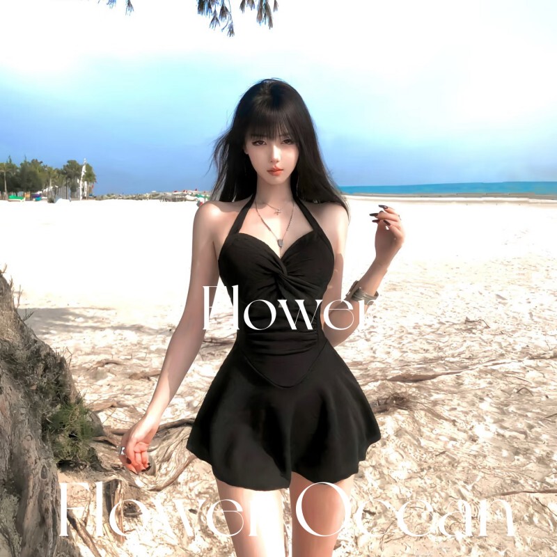 [Anna] New Black High-End Slimming One-Piece Beach Vacation Swimsuit for Women, Sexy and High-End