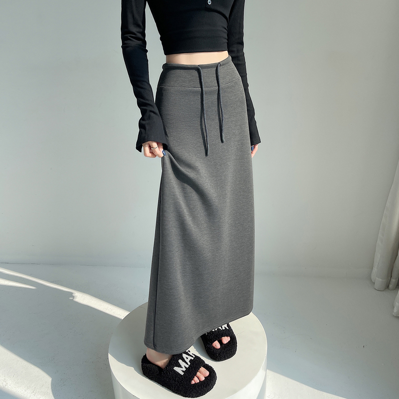 Aige Gray Sports Skirt for Women 2026 Spring and Summer New High-Waisted Straight Slit A-Line Drapey Skirt