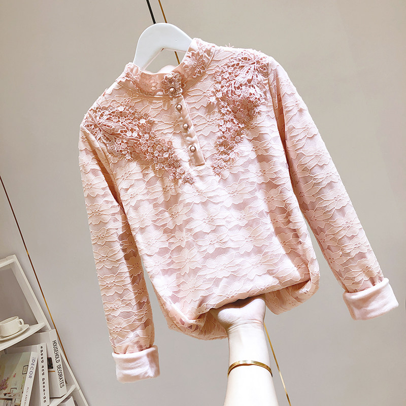 Korean pink lace bottoming shirt women's long-sleeved 2021 spring and autumn thin new style Western style temperament thin inner top