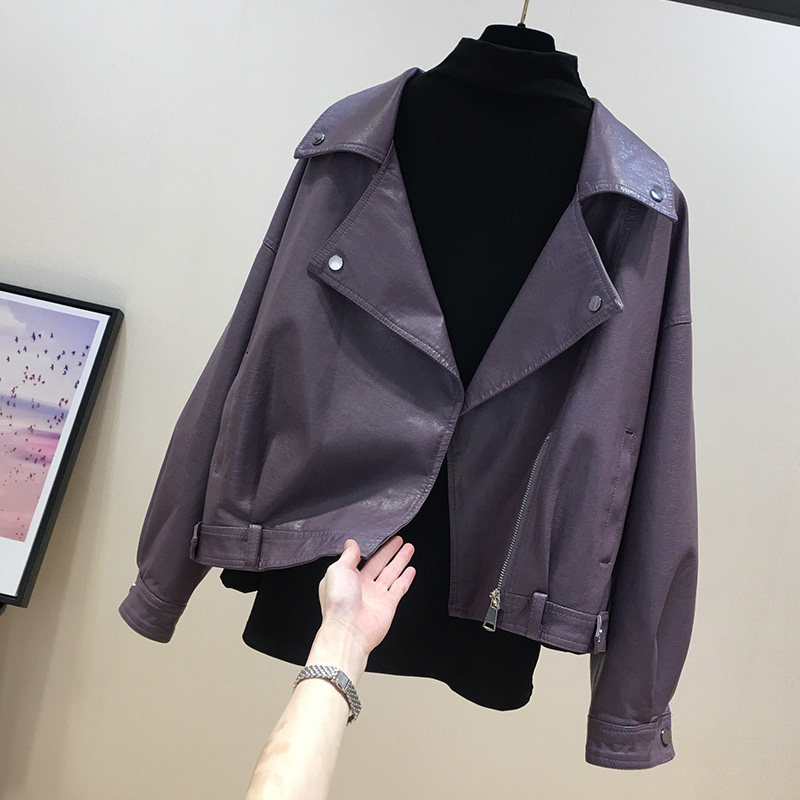 Purple small leather jacket women short 2021 Spring and Autumn New loose trend fashion motorcycle leather jacket jacket