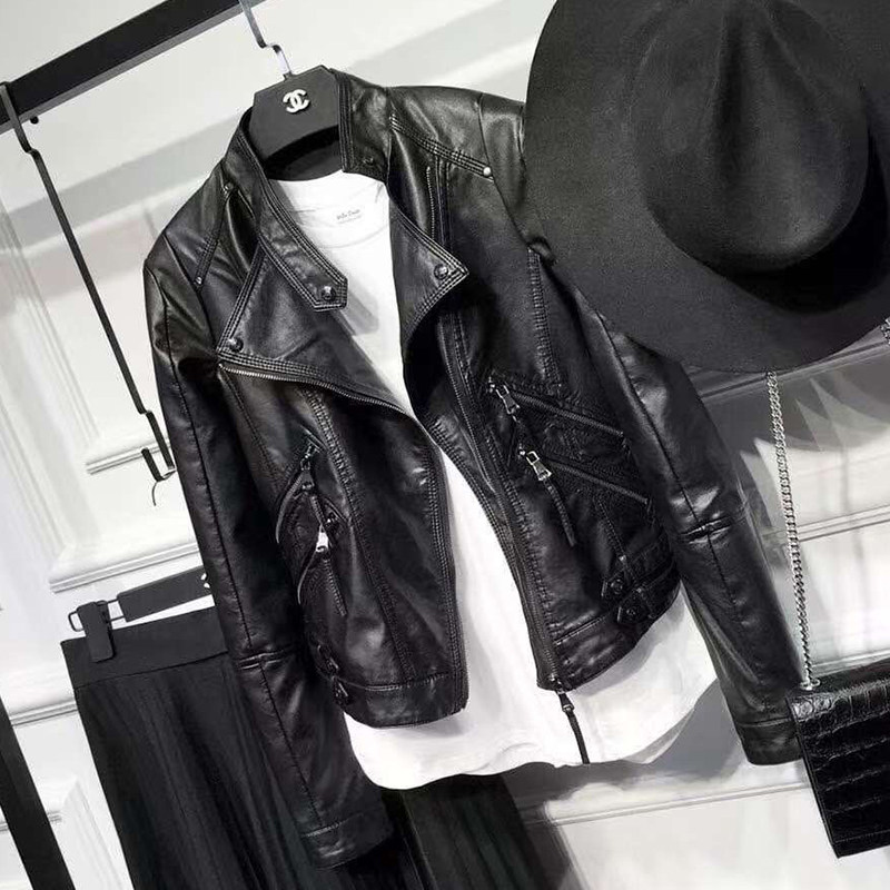Korean black small leather jacket women's short spring and autumn new trendy fashion leather motorcycle stand collar jacket ins
