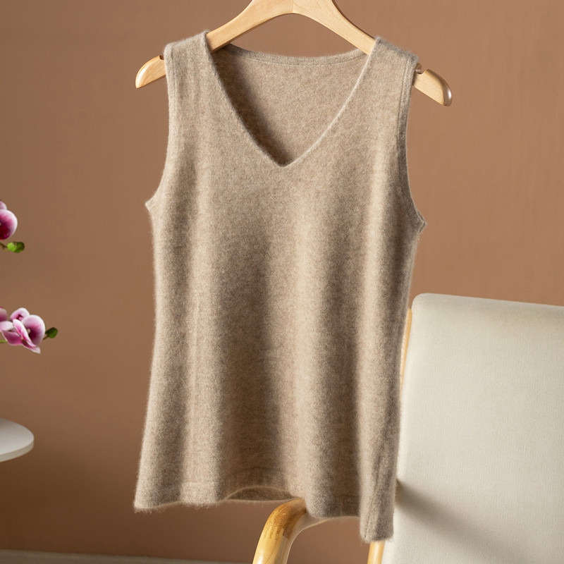100% Pure Cashmere Knitted Camisole for Women, V-Neck Pullover, Sleeveless Base Shirt, Close-Fitting, Slim Fit
