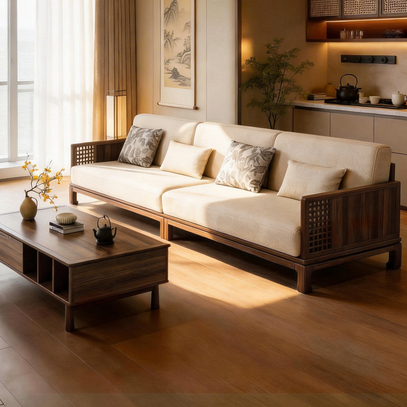 2026 New Model Living Room Three-Seater Solid Wood Song-Style Aesthetic Sofa, New Chinese Style Straight Row, Walnut Color Fabric 2026 New Model Living Room Three-Seater Solid Wood Song-Style Aesthetic Sofa, New Chinese Style Straight Row, Walnut Color Fabric