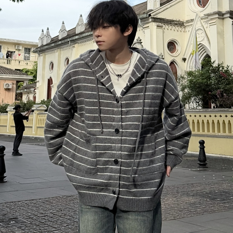 Planet World American-Style Striped Hooded Knit Sweater for Men, Loose Cardigan, Korean-Style Lazy High-End Jacket