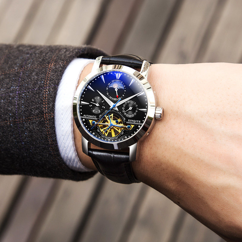 2022 new leather automatic mechanical watch men's fashion trend multi-function Swiss tourbillon Tanabata gift