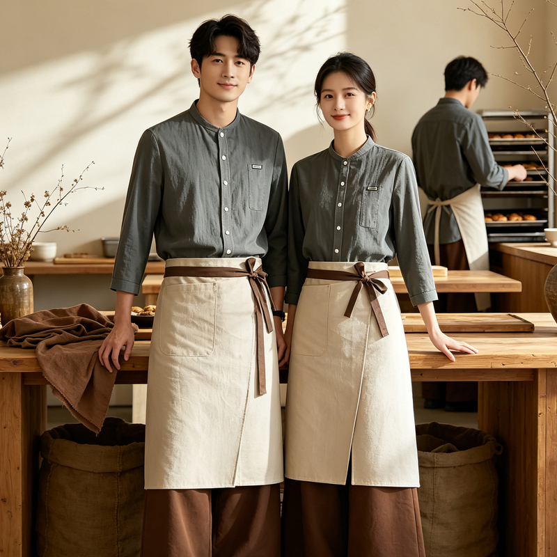 Catering Waiter Work Clothes, Mountain Style Cotton-Feel Work Shirt, Three-Quarter Sleeves, Coffee and B&B Staff Uniform, Autumn