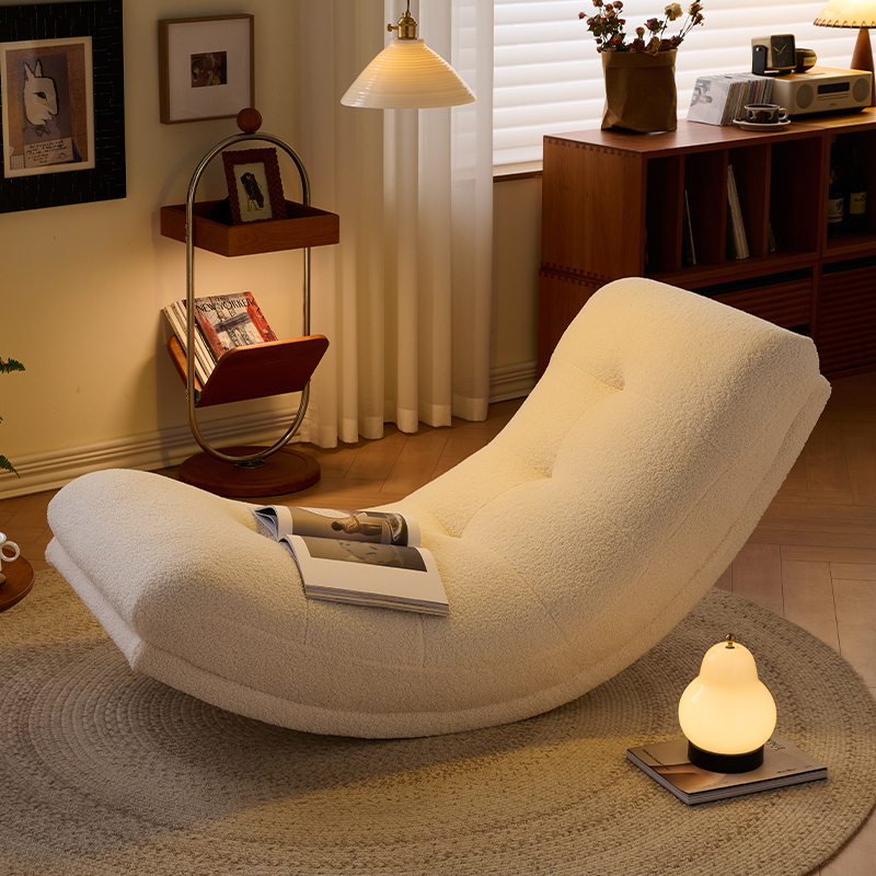 Cream-Colored Lazy Rocking Chair for Living Room and Bedroom, Caterpillar-Shaped Single Sofa, Lambswool, Comfortable Moon Lounge Chair for Small Apartments Cream-Colored Lazy Rocking Chair for Living Room and Bedroom, Caterpillar-Shaped Single Sofa, Lambswool, Comfortable Moon Lounge Chair for Small Apartments