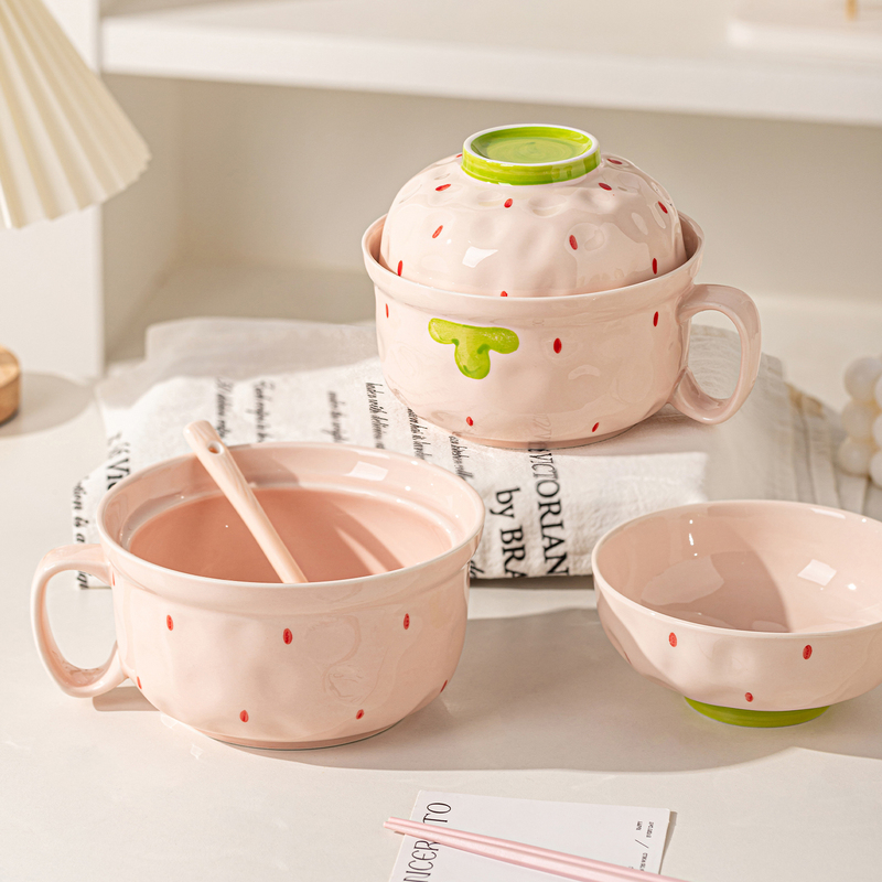 Ceramic Bowl with Lid for Instant Noodles, Suitable for Dormitory Use, Student Bowl, Personal Use, Work Bowl and Chopsticks Set, Single-Person Set, Lunch Box