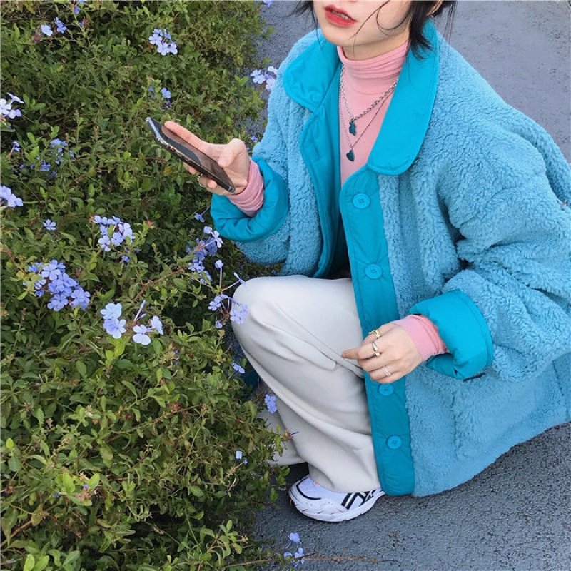 Ice blue display white two sides wearing coat female 2022 Winter new Korean version square collar loose BF wind cotton clothes women