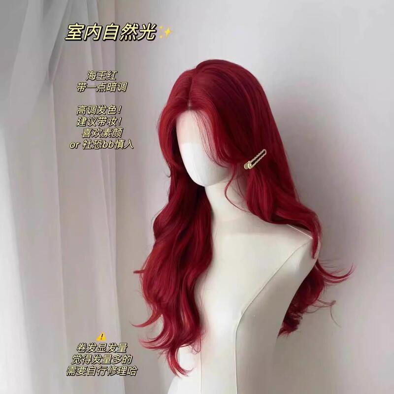 Mera Red Wig Female Long Curly Hair with Bangs Aquaman Red Big Waves Universal Cosplay Wig Full Head Cover