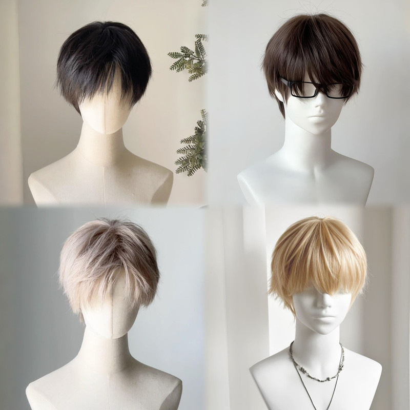 Korean-Style Light-Colored Short Wig, Unisex, with Layered Bangs, Fluffy and Natural-Looking Synthetic Hair, Versatile for Cosplay, Full Head Wig