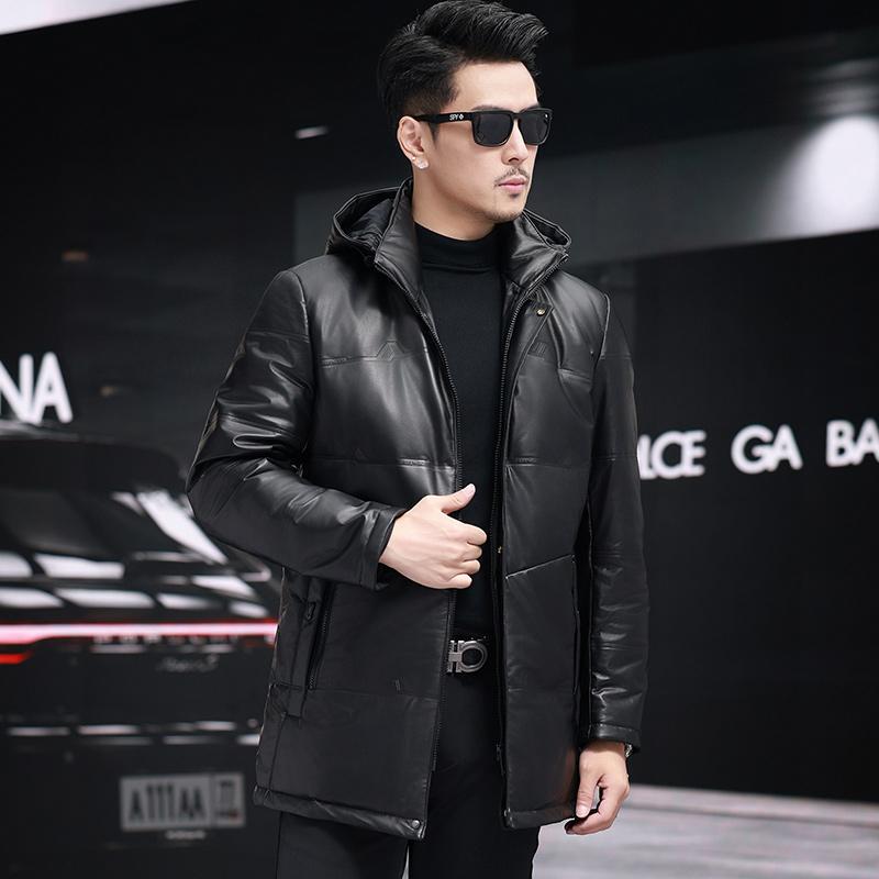 Caesar's New Genuine Leather Jacket for Men, Leather down Jacket, First-Layer Cowhide, Hooded, Detachable, Warm Coat, Trendy