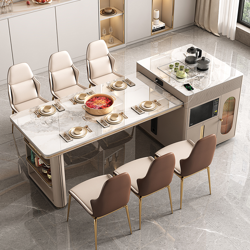 Modern Minimalist Multifunctional Kitchen Island Dining Table with Integrated Induction Cooker and Refrigerator, Extendable Island Design