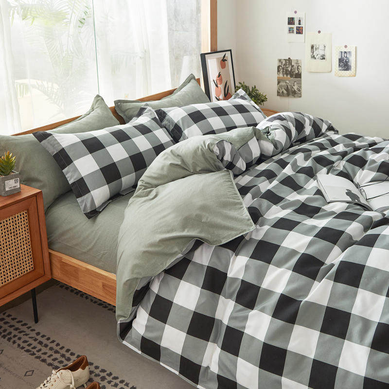 No Inprint Wind washed cotton beds Four pieces of Nordic ins Quilt Cover Bed Linen Dormitory Three Sets Minimalist grid Series 4