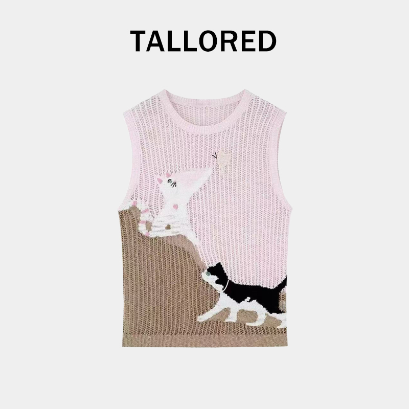 Design-Inspired Pink Kitten Embroidery Hollow-Out Knit Vest for Women, 2026 Summer Round-Neck Sleeveless Loose Casual Top Design-Inspired Pink Kitten Embroidery Hollow-Out Knit Vest for Women, 2026 Summer Round-Neck Sleeveless Loose Casual Top