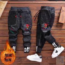 8-year-old boy and childrens pants in winter thickened jeans one-piece velvet handsome fashionable warm one for the winter